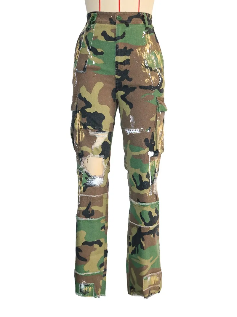 

Holes Cargo Pants Camouflage Print Women Multi Pockets Patchwork Fashion High Waist Straight Pants Casual Streetwear Bottoms