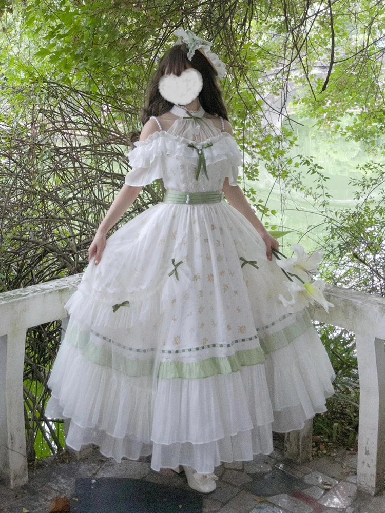 

2025 New Vintage Victorian Lolita Women Sweet Bow Ruffles Off Shoulder Floral Long Dresses Japanese Elegant Princess Party Dress