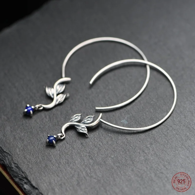 

S925 Pure Silver Design With Fashionable Lapis Lazuli Simple Earrings, Retro Fashion Jewelry For Women