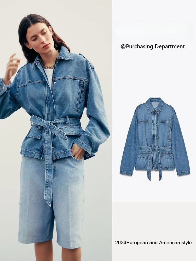 Jaqueta Jeans Fena Nova de Primavera com Manga Longa, Cintura Marcada, Gola Virada, Estilo Casual para o Dia a Dia, Caime...