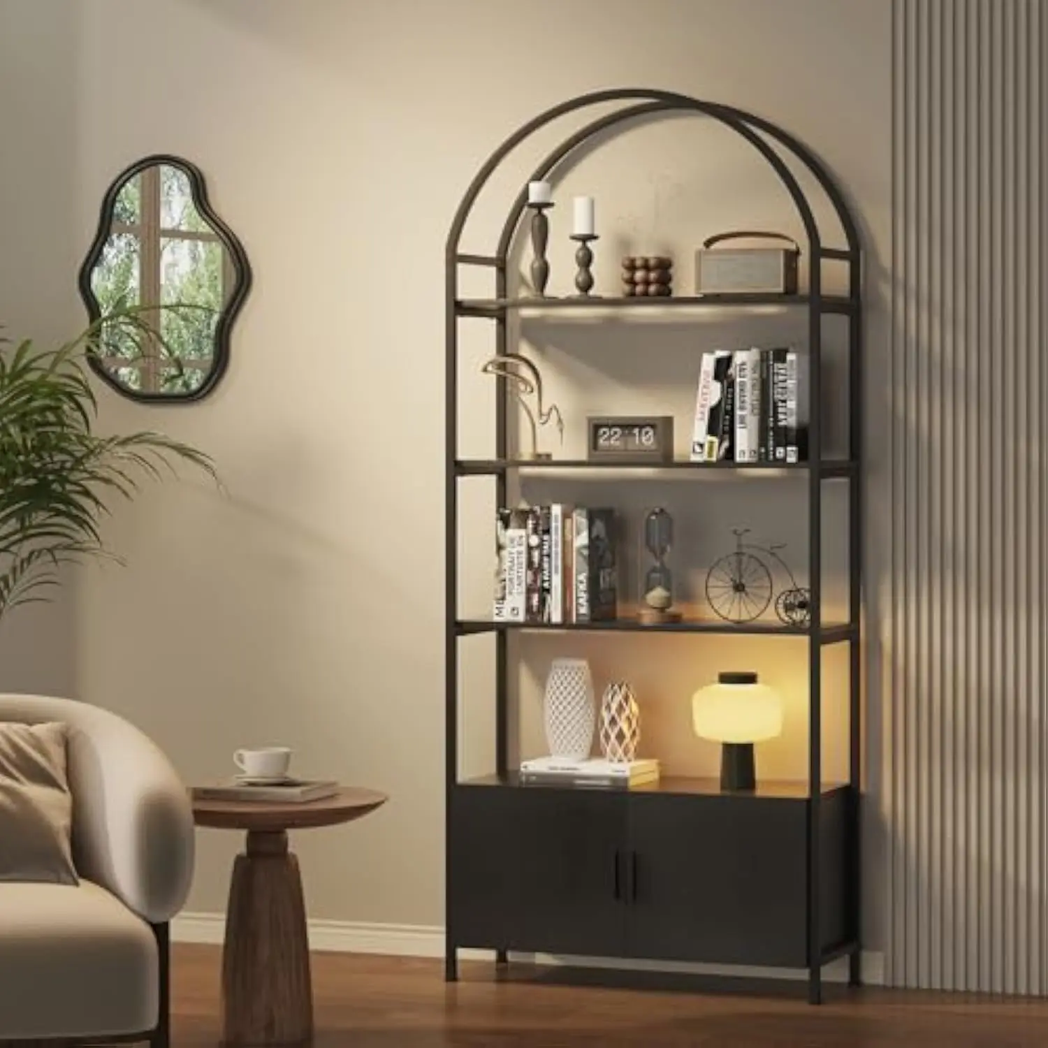 

Arched Bookshelf with Doors, 71 Tall Industrial Bookcase with Sturdy Metal Frame, Vintage Display Shelving Unit, Black Geometri