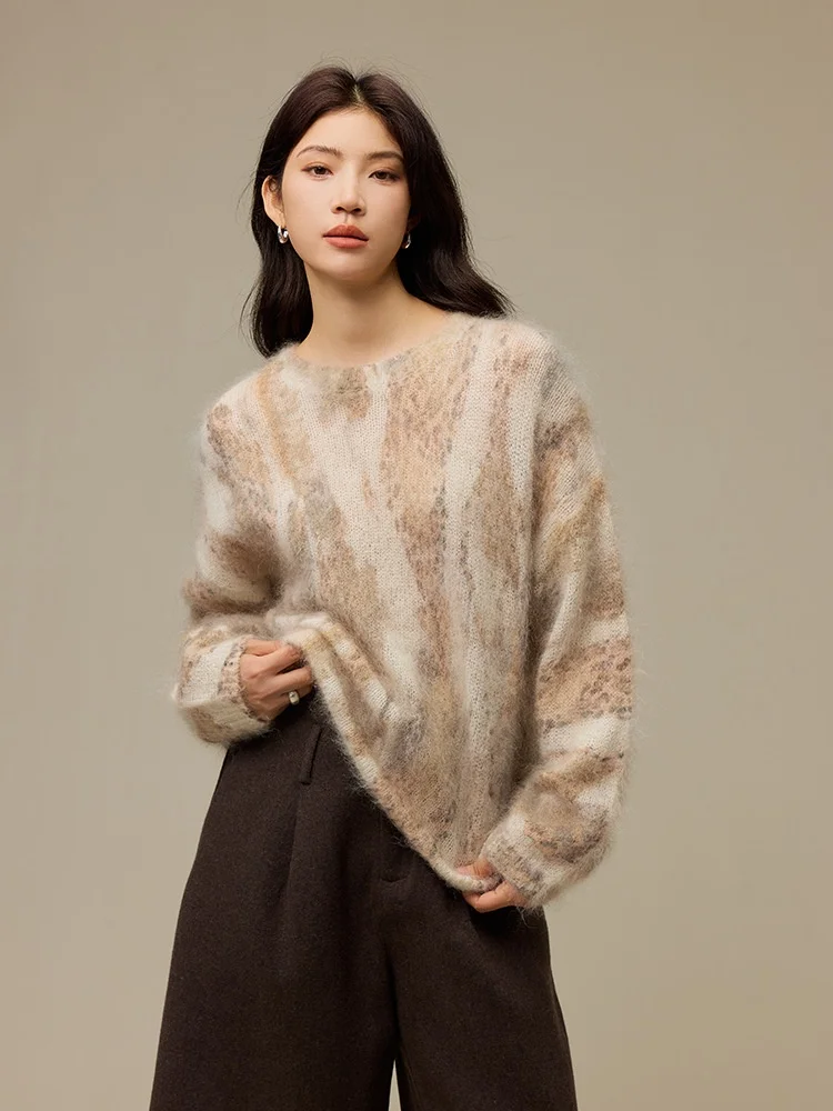 Birdtree, 59% Mohair Leopard Print Sweater, O-neck Tops, Women's Knitted Long Sleeve Thicken Blouse, 2026 Autumn New T69620JF