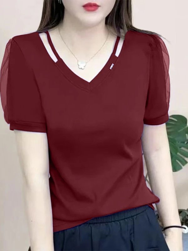 

plus Size Women's ort Sve T-irt Pure Cotton Slimming V-Ne Summer Age-Defng Versatile Hollow Design Loose Top