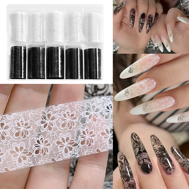 10 rouleaux de feuilles pour ongles en dentelle Sexy, 2.5x50cm, papier de transfert noir et blanc, autocollants pour Nail Art, rayures en dentelle, décalcomanies de manucure, décorations pour ongles