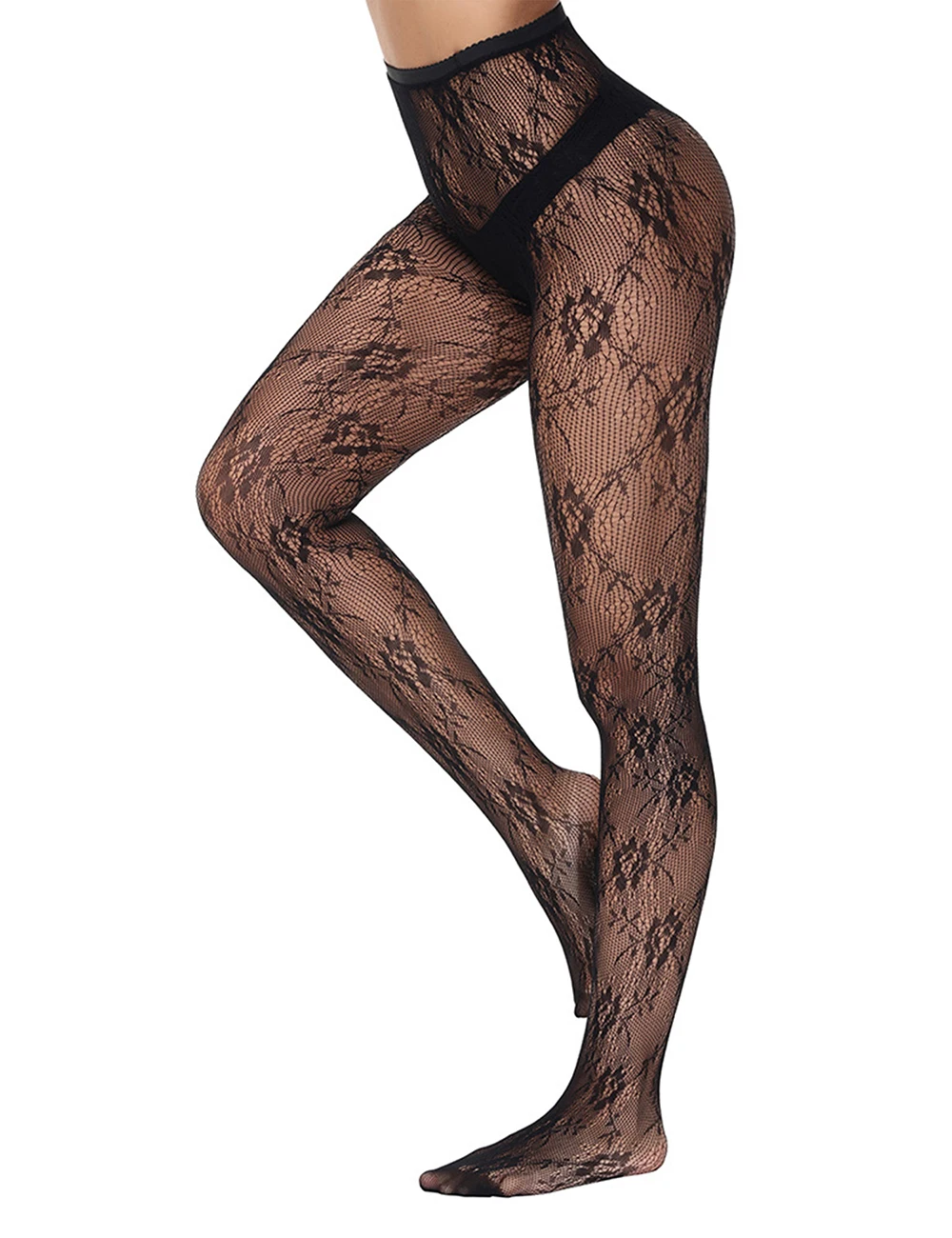 

Comeondear Women's Black Fishnet Pantyhose Breathable Floral Pattern Elastic Hosiery See Through Sexy Stocking High Waist Tights