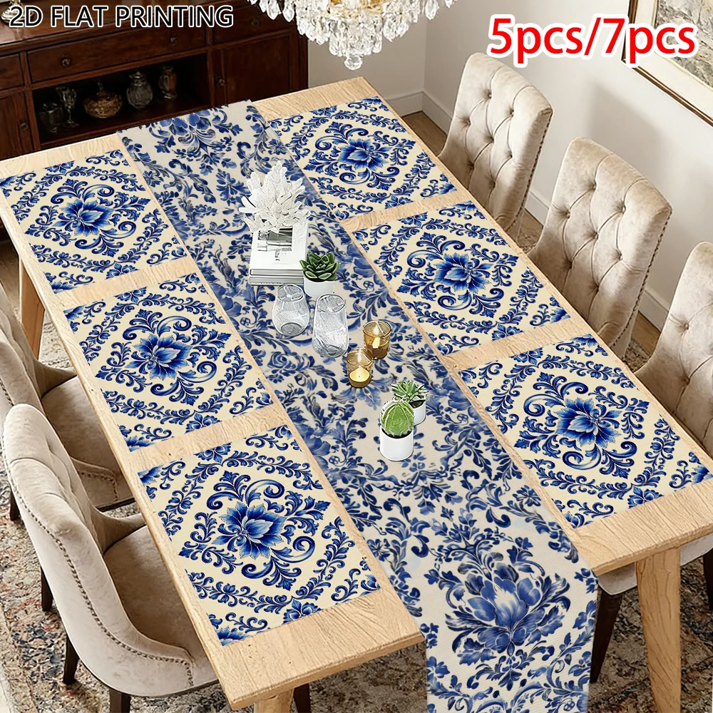 1pc Blue White Damask Floral Theme Table Runner And Placemat For Wedding Banquet Decor For Dining Enthusiast