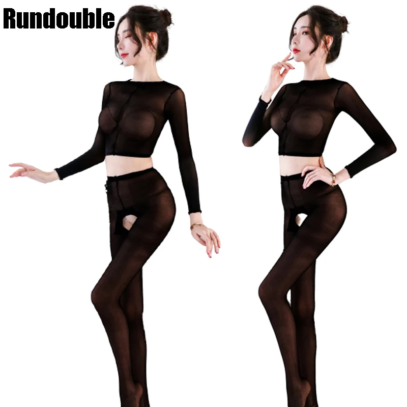 

Long Sleeve Sexy Women Lingerie Nightwear Open Crotch Sock Underwear Babydolls Sleepwear Lady Exotic Set See Through Nightdress