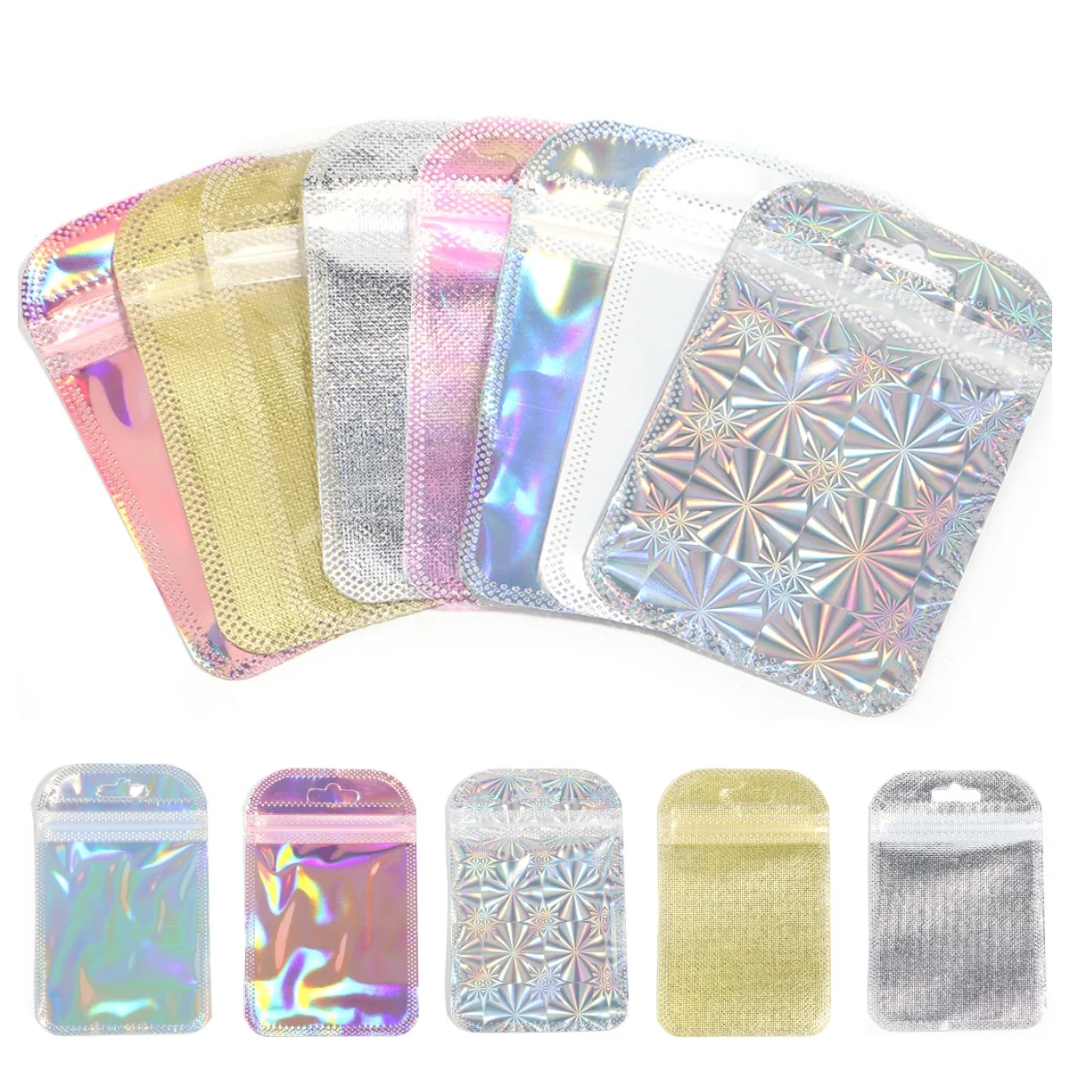 20-100pcs Holographic Ziplock Bags Iridescent Composite Self Sealing Pouches For Jewelry Nail Art Gift Packaging Storage Supply