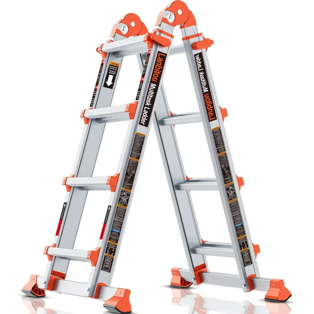 

A Frame 4 Step Ladder Extension, 14 FT Anti-Slip Multi Position & Storage Folding Ladder, 330 lbs Security Load Telescoping