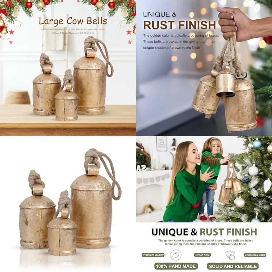 

3 Pc Giant Harmony Cow Bells Rustic Handmade Decorative Vintage Hanging Bells with Jute Rope Gold Rustic Large