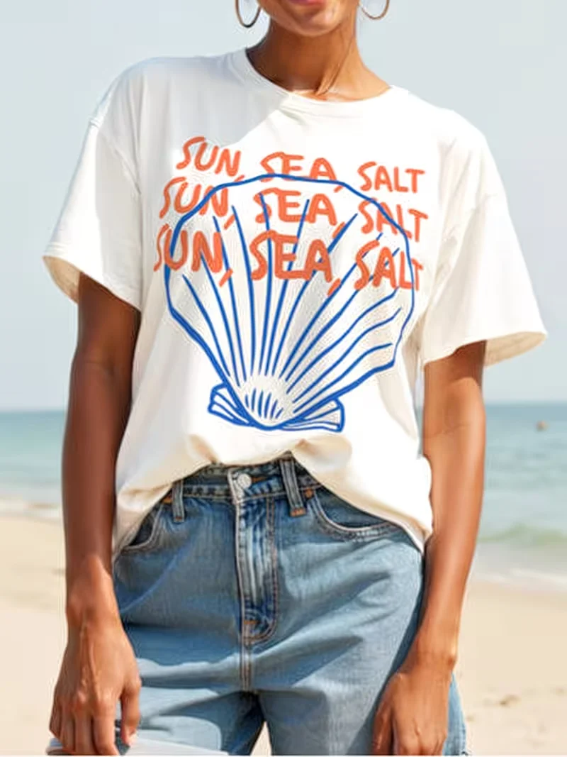 Sun Sea Salt T Shirt Cute Seashell Graphic Tee Summer Beach Vacation Style Top Vintage Retro Aesthetic Harajuku Streetwear