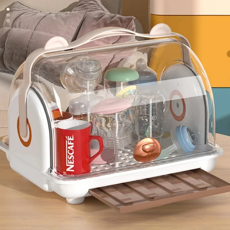 Baby Desktop Storage Box with Lid Dust-Proof Bottle Drain Rack Tableware and Food Supplementary Tools Organizer