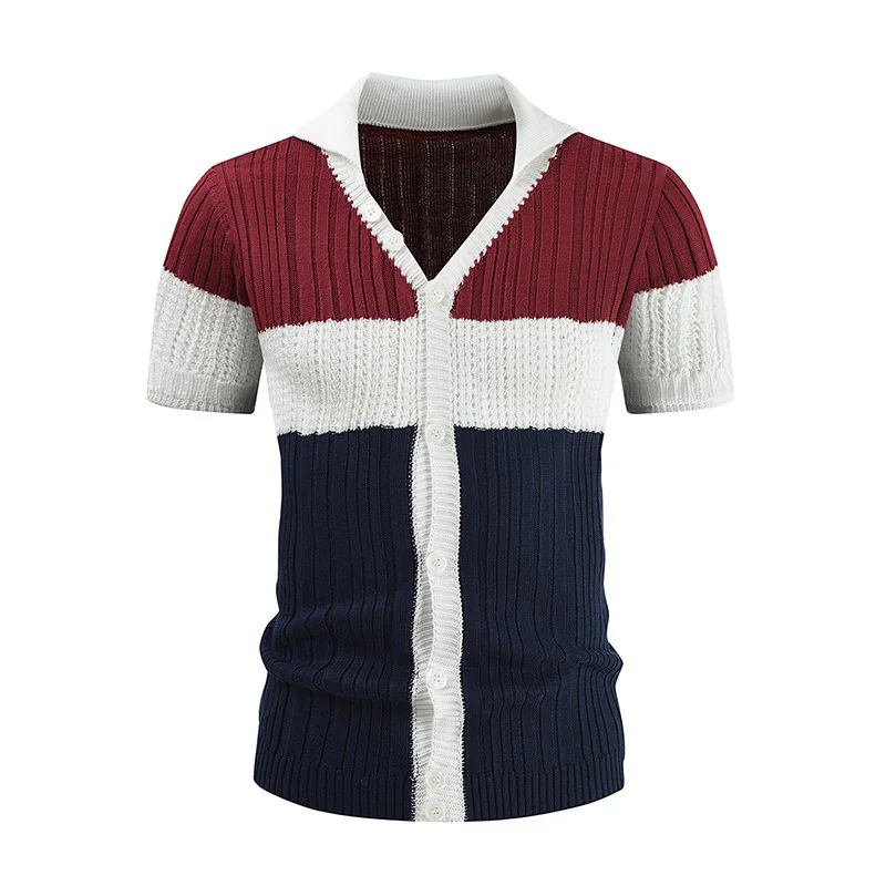 New Men's Shirt Retro Daily Knitted Polo Shirts Slim Fit Summer Striped Contrast Color Trend Breathable Trendy Short Sleeve Tops