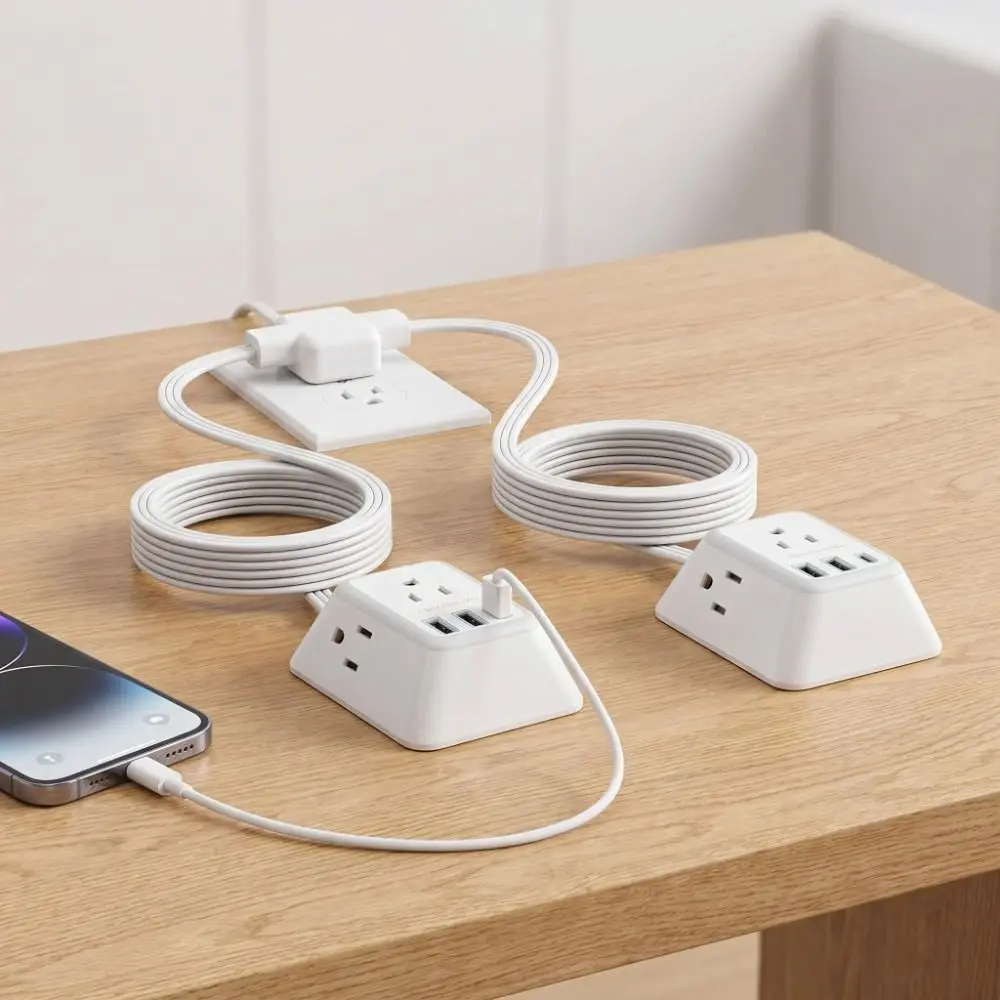 

12FT Length Split Extension Cord 2 USB-A Ports 3 AC Outlets Twin Extension Cord 1080J Surge Protection 3-Prong Grounded Socket