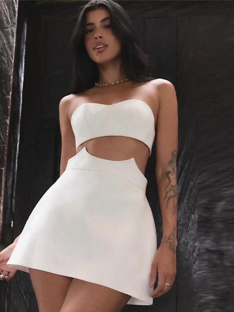 Women's Sexy Strapless Cut Out Two Piece Set Crop Top High Waist Cut A Line Mini Skirt Summer New Party Club Vacation Outfit view 6