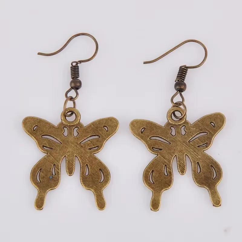 25*27Mm Vintage Antique Bronze Plated Filigree Butterfly Earrings Metal Drop Dangle Alloy Earing Jewelry Women Fashion Jewellery