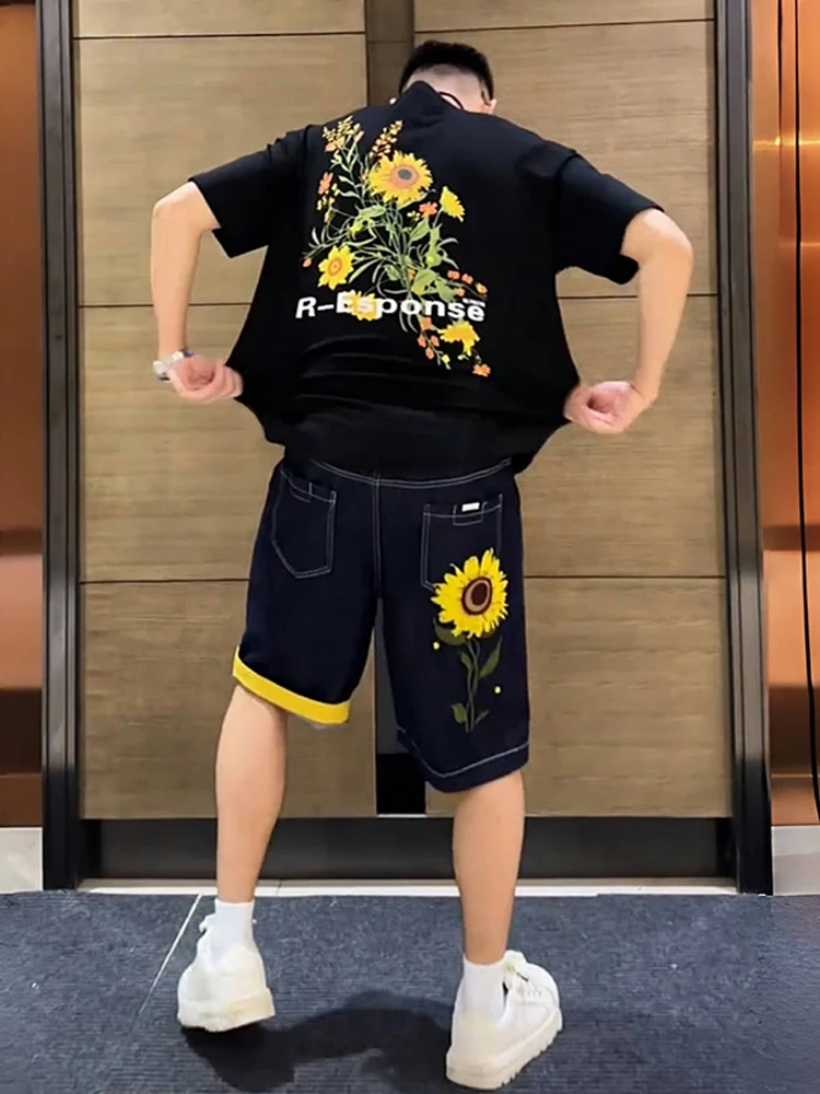 

Summer New Floral Embroidery Short Sleeve Shorts Set Men's Fashion Loose Versatile Half Sleeve Denim Five-Point Pants