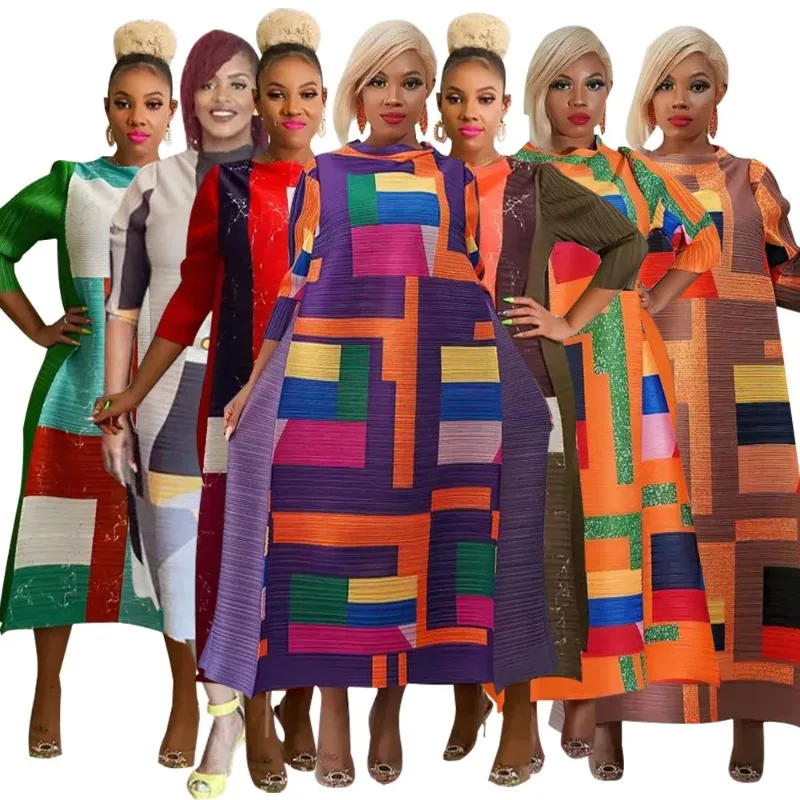 

Elegant Women Pleated Half Lantern Sleeve O-neck Slim Maxi Long Dress Print Fashion Autumn 2026 Ruched Dresses Vestidos