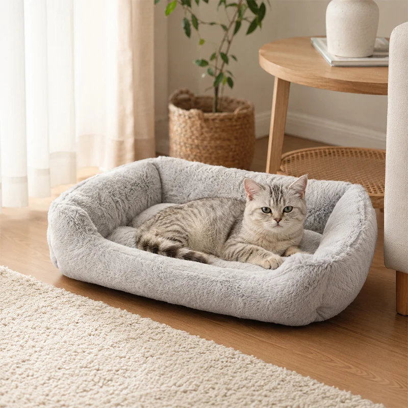 Plush Rectangle Bolster Cat Dog Bed Washable Non‑Slip Bottom Soft Fluffy Calming Sleeping Bed for Small Medium Kittens Puppies