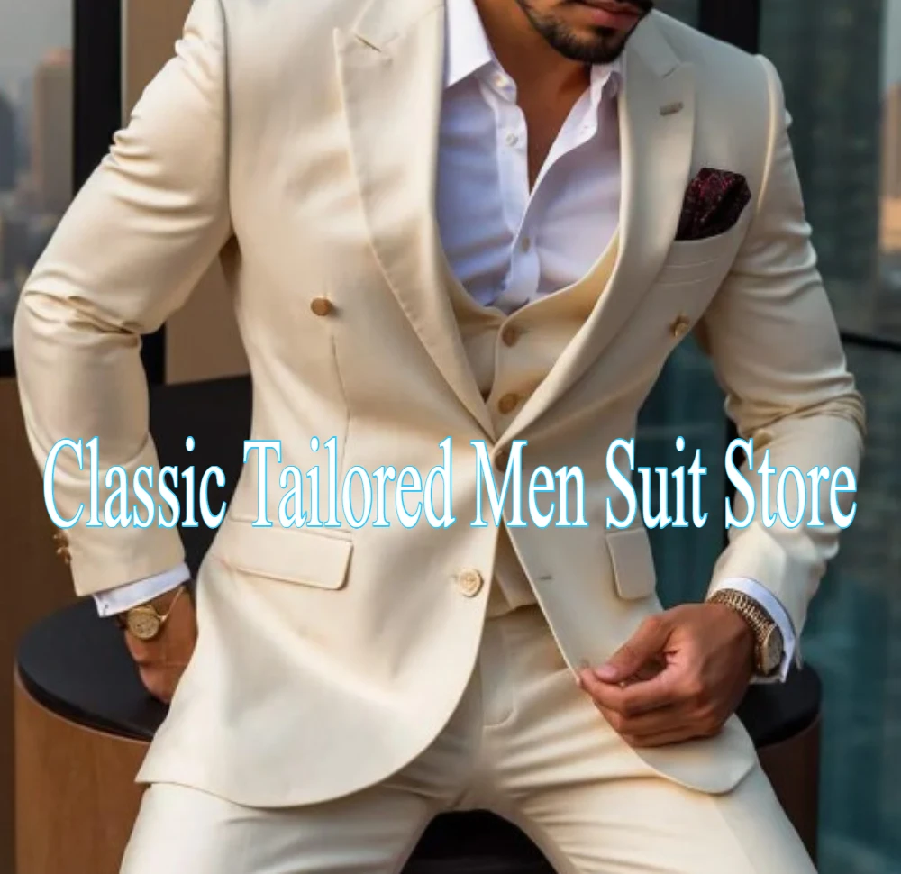 

Beige Formal Men Suit Groom Groomsman Wedding Party Prom Business Male Tuxedos 3 Piece Set Jacket Vest Pants