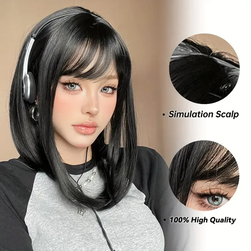 Black Straight Synthetic Wigs With Bangs Short Black Fake Hair Natural Wigs for Women Lolita Daily Heat Resistant Fiber Wig