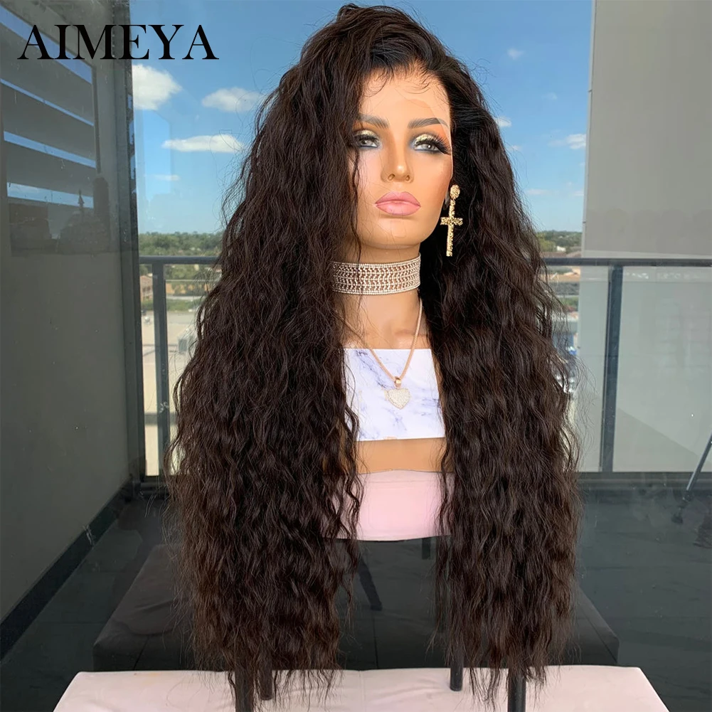 AIMEYA-Peluca de cabello sintético para mujer, postizo de encaje frontal de fibra de alta temperatura, color marrón, uso diario, onda profunda, Cosplay, rizado