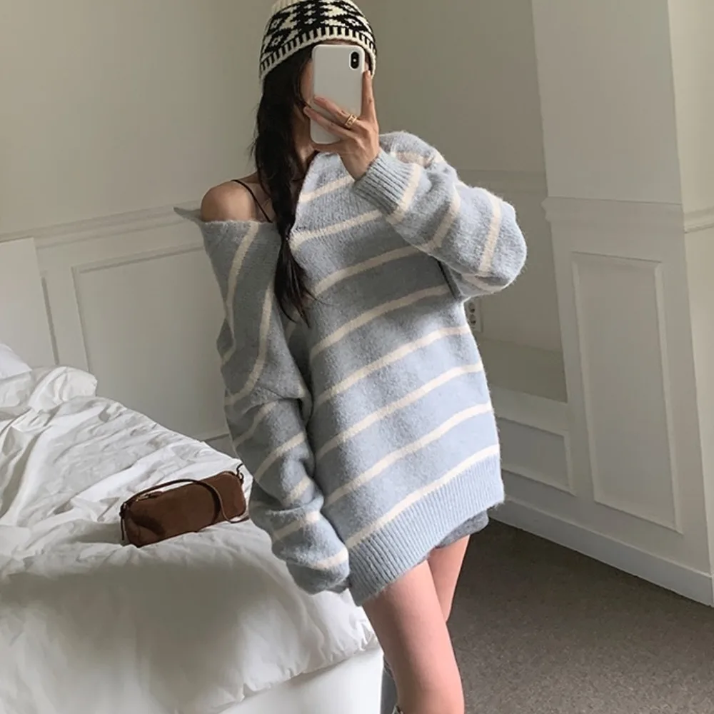 

Женский вязаный свитер, свободный длинный свитер с отложным воротником в полоску, простой осенний топ Fashion Dongda Gate Sle, универсальный базовый
