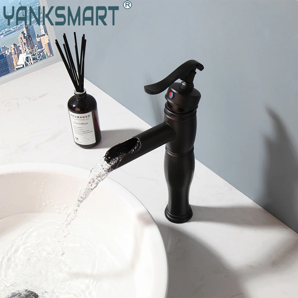 

YANKSMART Bathroom Basin Faucet Waterfall Spout 1 Handle Black Faucet Washbasin Tap Deck Mounted Hot And Cold Water Mixer Taps