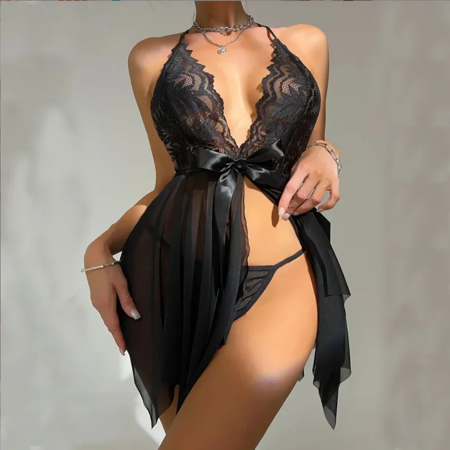 Lingerie sexy per donna Intimo trasparente Porno Sex Teddy Costumi Babydoll Abito in pizzo Camicia da notte Crotchless Sleepwear