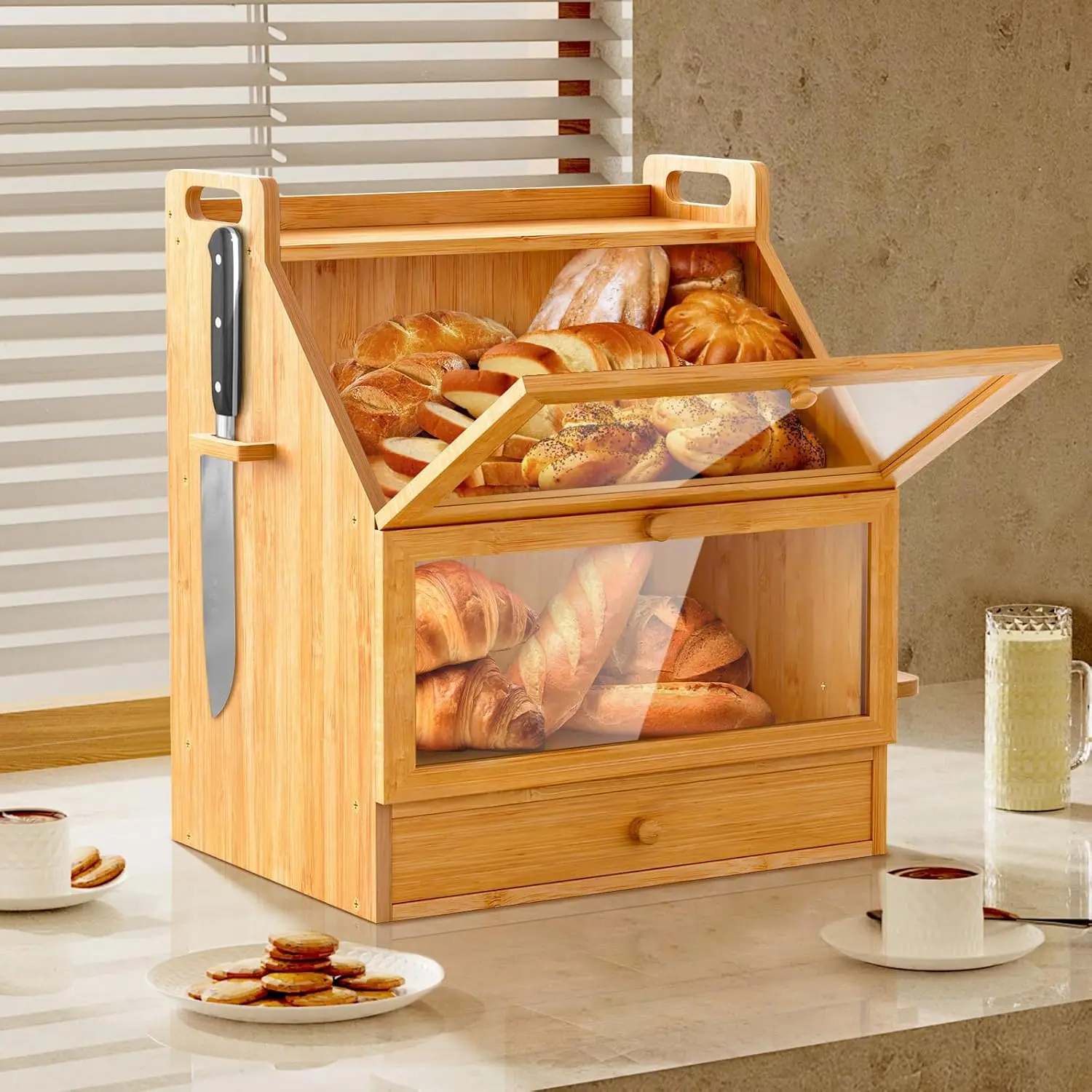 

Modern Large Bamboo Kitchen Storage Container Countertop Bread Box with Chopping Board and Knife Fork Organizer for Food