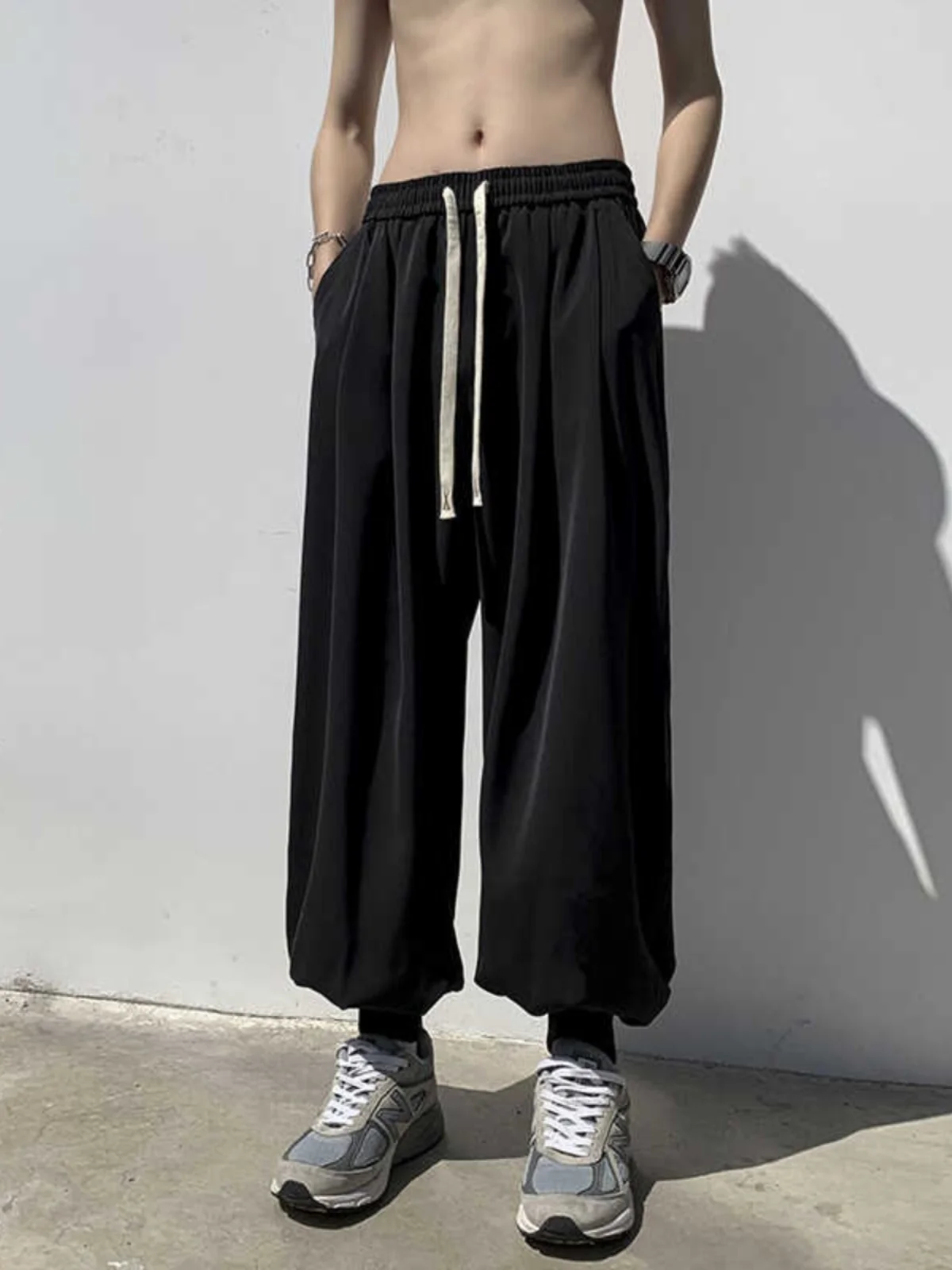 Loose Wide Leg Harlan Nine Point Carrot Pants for Boys Summer Loose Straight Cut Sports Trousers with Drawstring Lantern Style