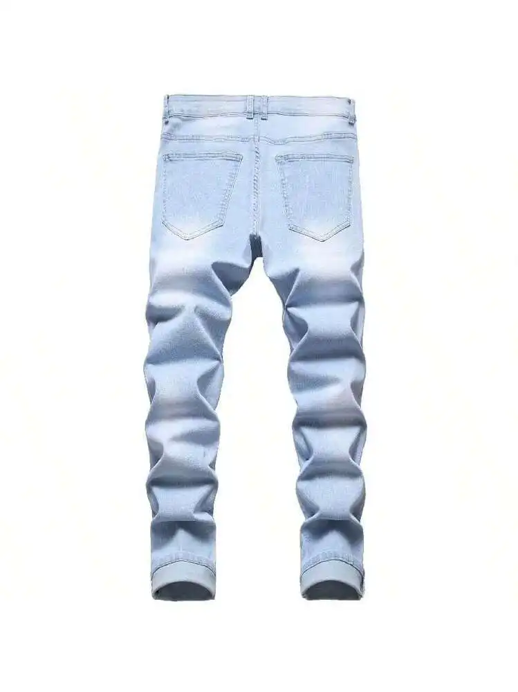 Jean slim décontracté pour hommes, style de rue américain, design simple et droit, jean délavé noir, adapté à un usage quotidien