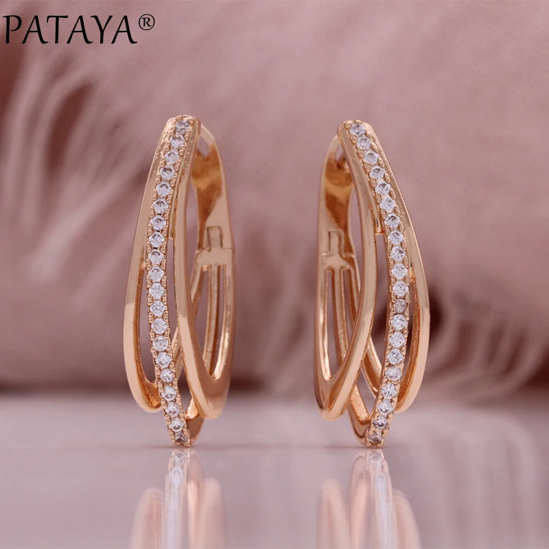 PATAYA Hot 585 Rose Gold Color Earrings For Women Girl Fashion Geometric Natural Zircon Accessories High Quality Daily Jewelry