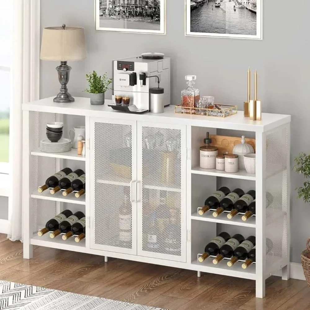 Bar Cabinet for Liquor and Glasses Wine Rack Wood and Metal Coffee Bar Cabinet (White Oak 55 Inch)