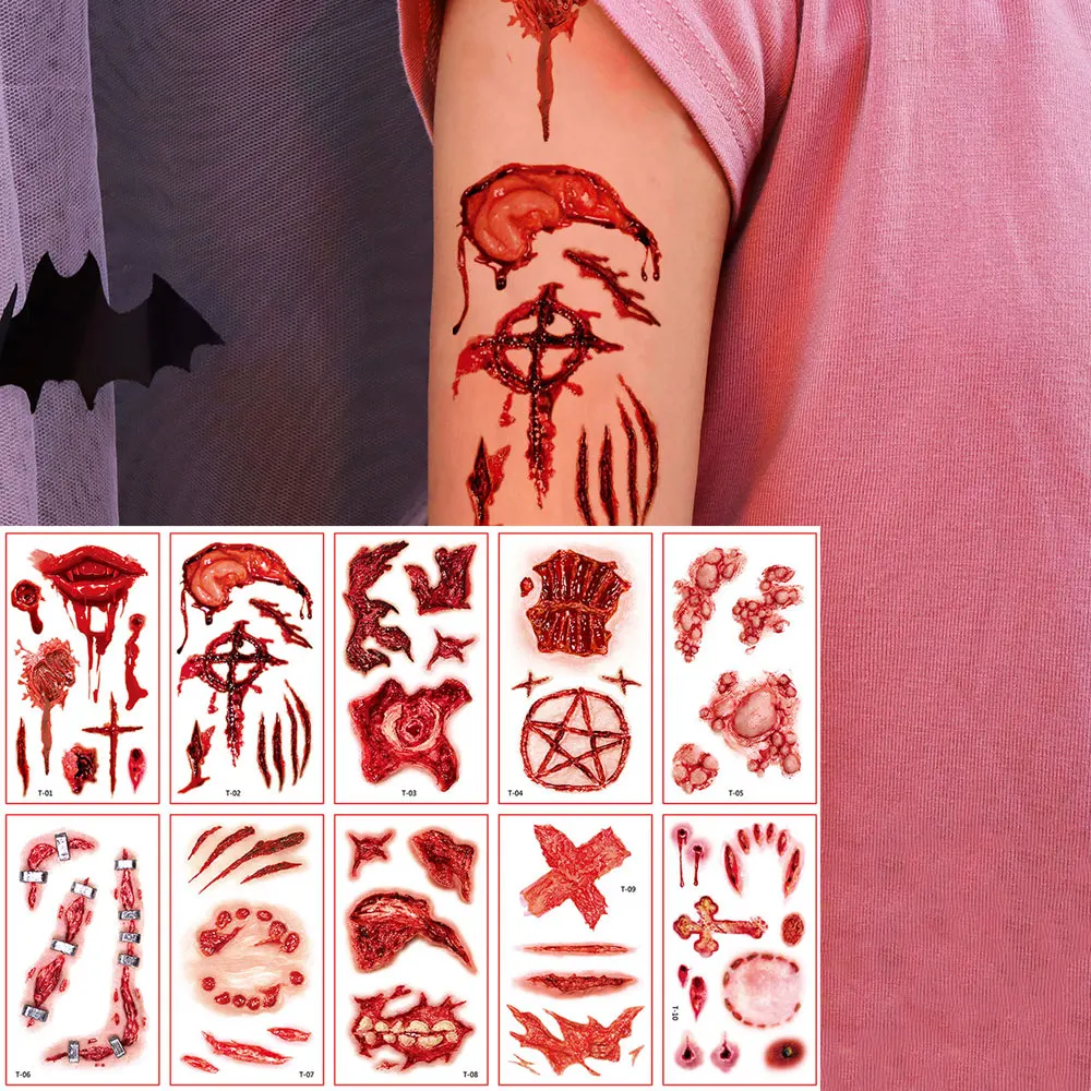 

10 шт./компл. временные татуировки наклейки для рук, лица, кровотечения раны, шрамов, поддельные татуировки для мужчин и женщин, Хэллоуин, вечерние украшения для тела