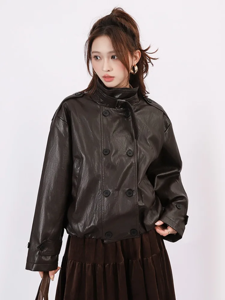 Slimming Short Retro Washed Protein Leather Jacket Women's Fashionable Collared Outerwear Cool Casual Style Square Shoulder