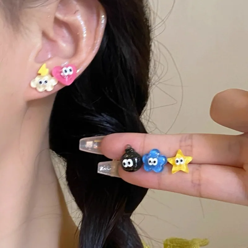 5pcs Cute Cartoon Earrings Set Girls Sweet Trendy Fashion Colors Resin Stud Earring Luxury Asymmetric Small Ear Studs Jewelry