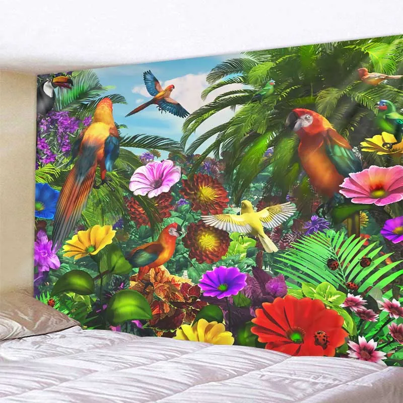 Jungle Tapestry Forest Animal Parrot Bird Print Tapestry Tropical Rainforest Landscape Wall Hanging Room Dorm Decor TV Backdrop