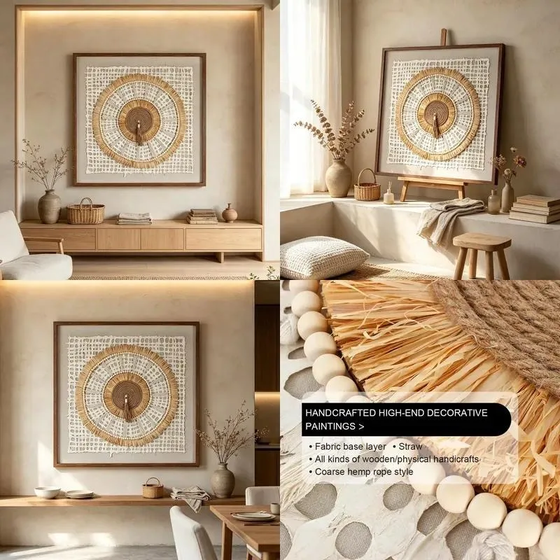 Wabi Sabi Boho Natural Fiber Woven Wall Art Handmade 3D Texture Earth Tone Square Hanging Decor for Villa Hotel