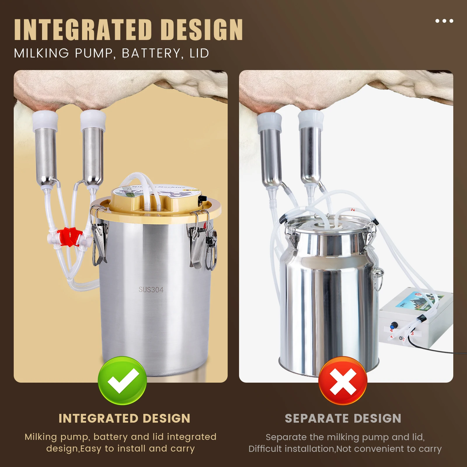 8L/12L/16L البقرة الأغنام الكهربائية آلة الحلب المتكاملة 304 الفولاذ المقاوم للصدأ قابلة للشحن والمكونات في آلة الحلب للماشية