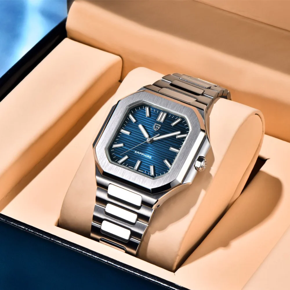 PAGANI DESIGN 37MM Top-Marke Quadratische Schlichte und Stilvolle Saphirglas Quarzuhr Herren Edelstahl-Uhren für Männer Geschenk