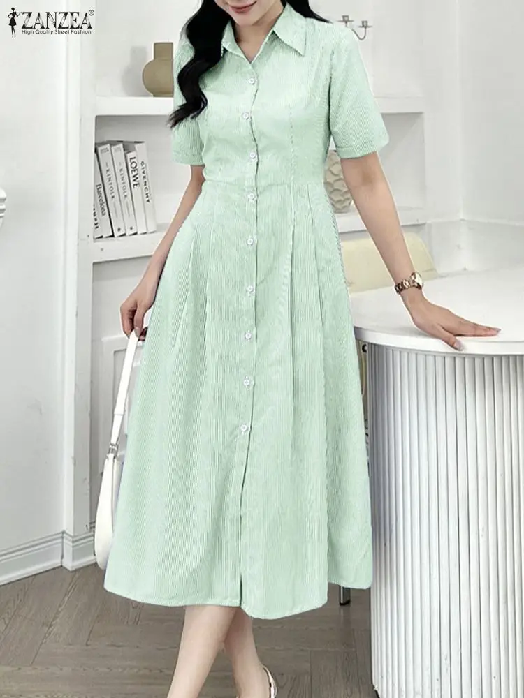 Office Women Dresses ZANZEA 2025 Summer Striped Dress Stylish OL Work Sundress Vestido Elegant Lapel Neck Short Sleeve Midi Robe