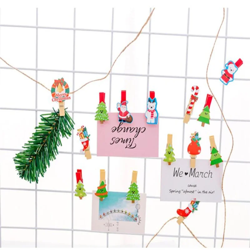 10PCS/BAGS Christmas Wooden Clip Photo Cute Cartoon Colored Clip Creative with Hemp Rope Photo Wall