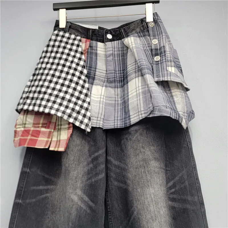 ANJY Herbst Winter Neue Frauen Mode Einzigartige Design Plaid Unregelmäßigen Patchwork Lose Gerade Jeans Trendy Chic Denim Hosen A15827