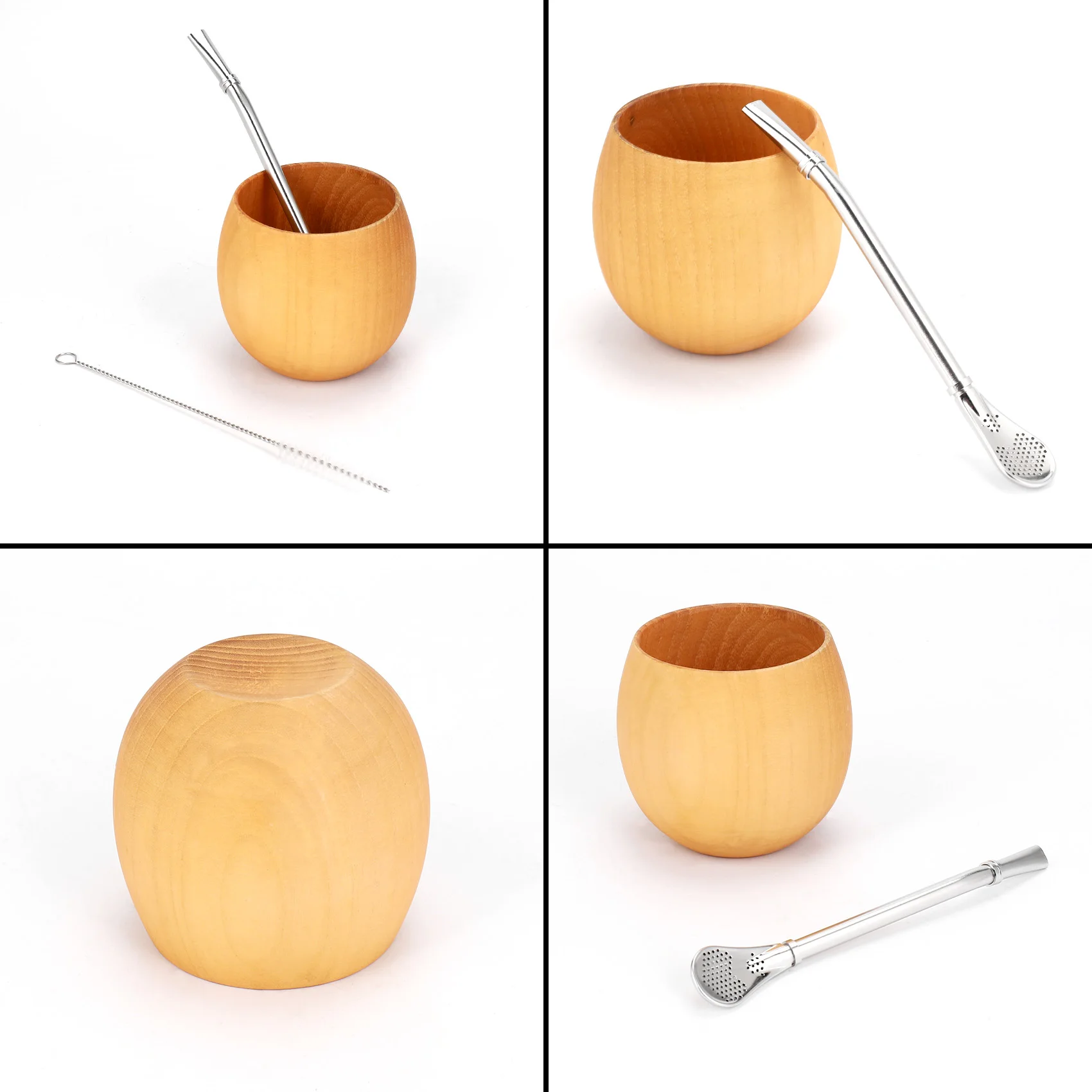 طقم شاي يربا القرع الخشبي عالي الجودة مصنوع يدويًا من الخشب الطبيعي كوب ماء القهوة مع ملعقة فرشاة بومبيلا من القش 200 مللي (لي)