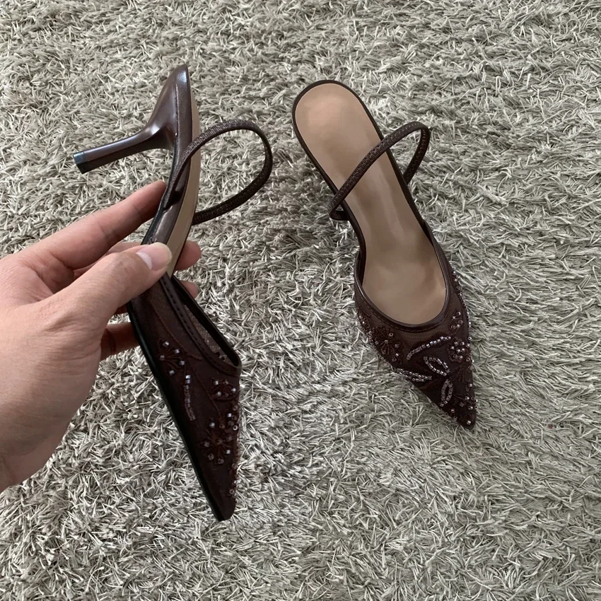 2026 String Bead Mesh Embroider Slingback High Heels Women Sexy Pointed Toe Heeled Sandals Summer Elegant Luxury Designer Shoes image 6