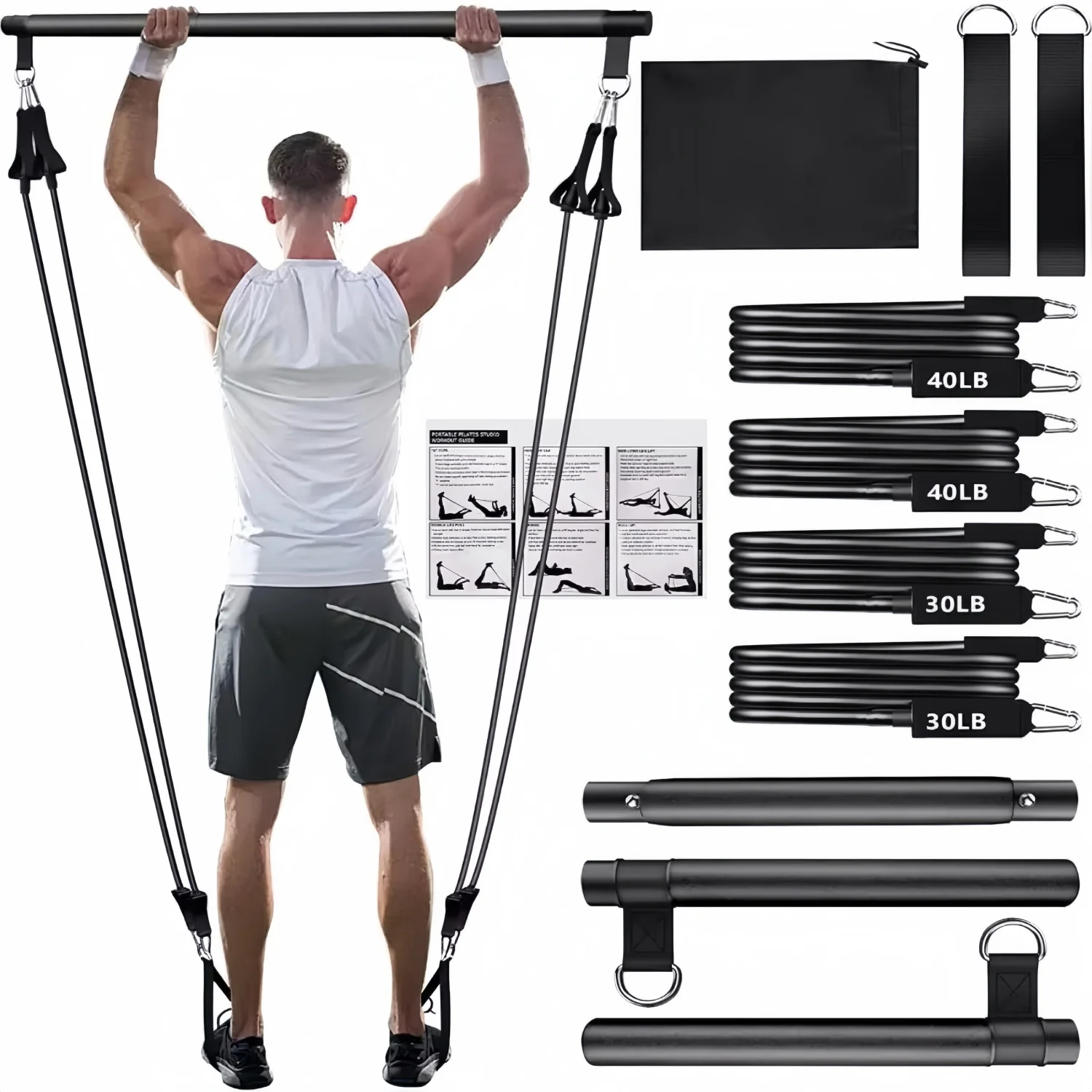 Portable Yoga Pilates Bar Stick with Resistance Band Home Gym Muscle Toning Bar Fitness Stretching Sports Body Workout Exercise