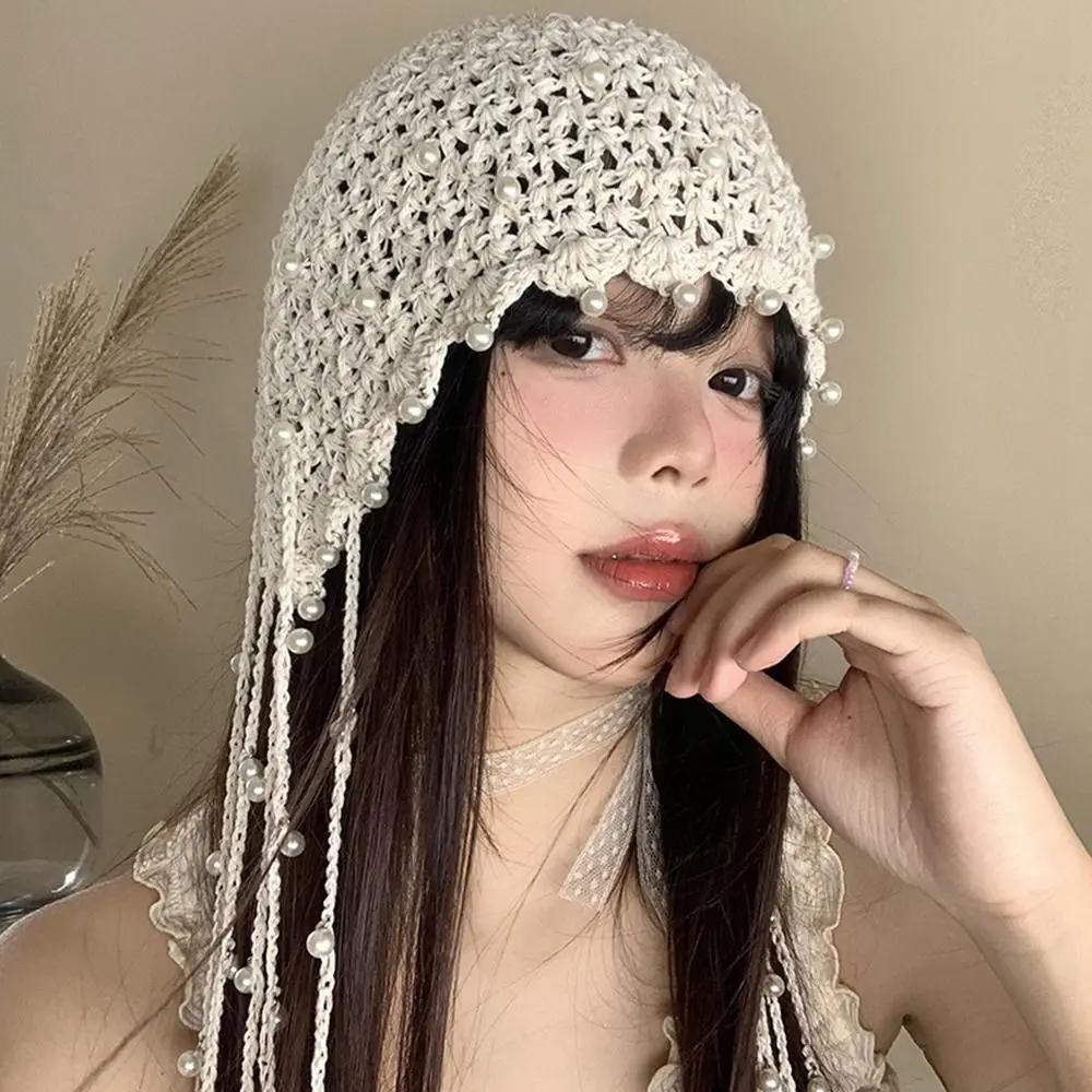 

Casual Crochet Flower Hollow Pearl Tassels Knitted Hat Beanies Hollow Out Knit Cap Korean Handmade Ethnic Style Hat Outdoor