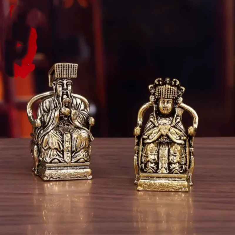 Antique brass mini Jade Emperor Queen Mother deity statue a pair ornament home office desktop decoration handicrafts