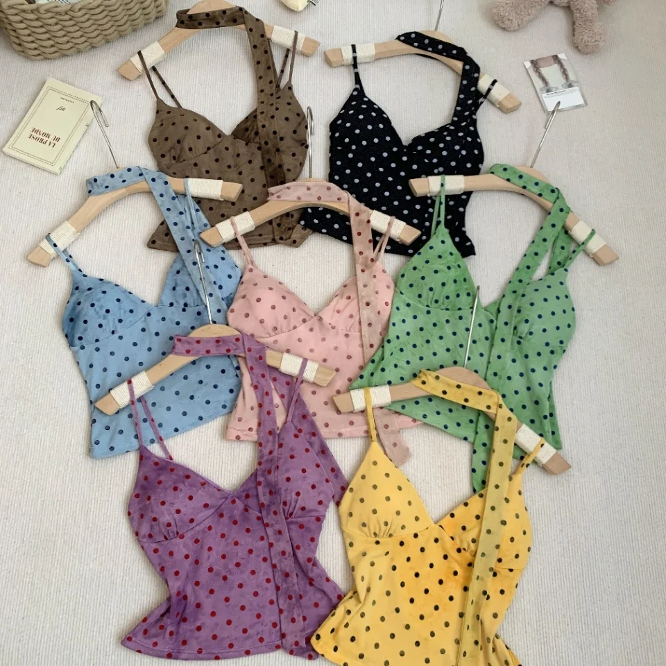 Summer New Sweet Style 3D Flocking Polka Dot Print Strap Vest Women's Slim Fit Fixed Belt Chest Pad Versatile Breathable Shor...